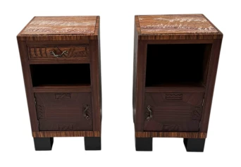 Two Art Deco Nightstands or Bedside Tables with Multi-Colored Marble Tops, 1930s